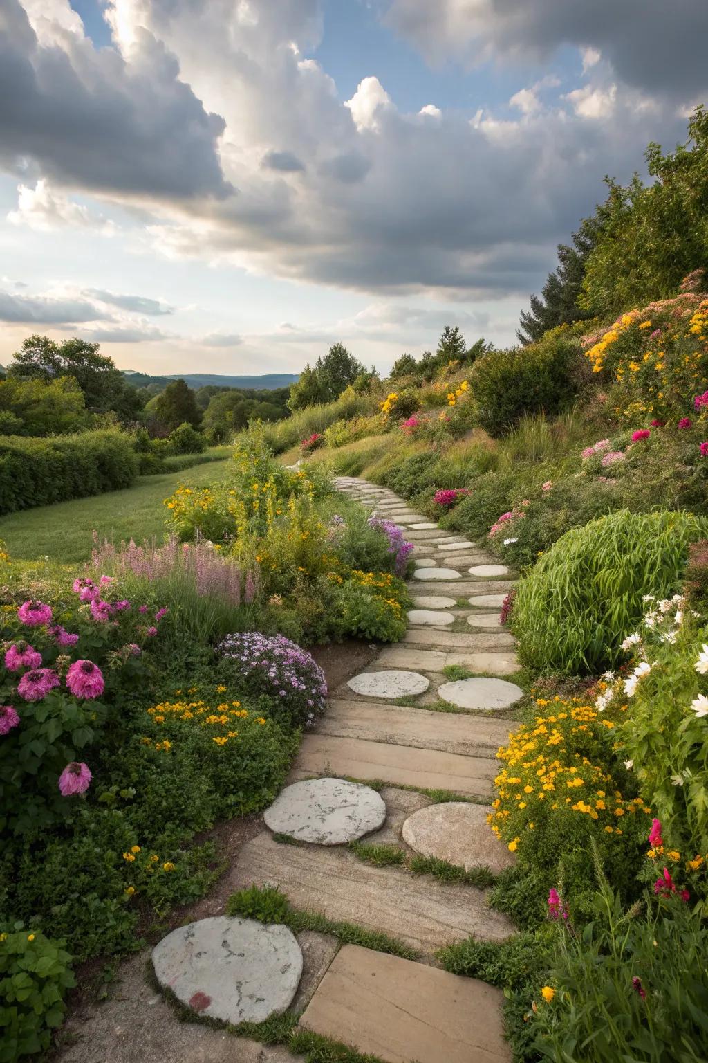 A garden path featuring creatively arranged footing stones for playful charm.