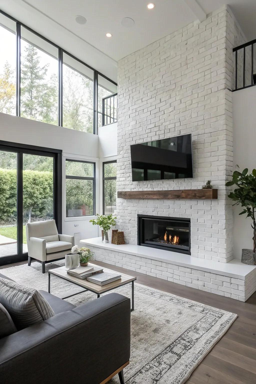 Monochrome colours construct a streamlined aesthetic for a painted fireplace.