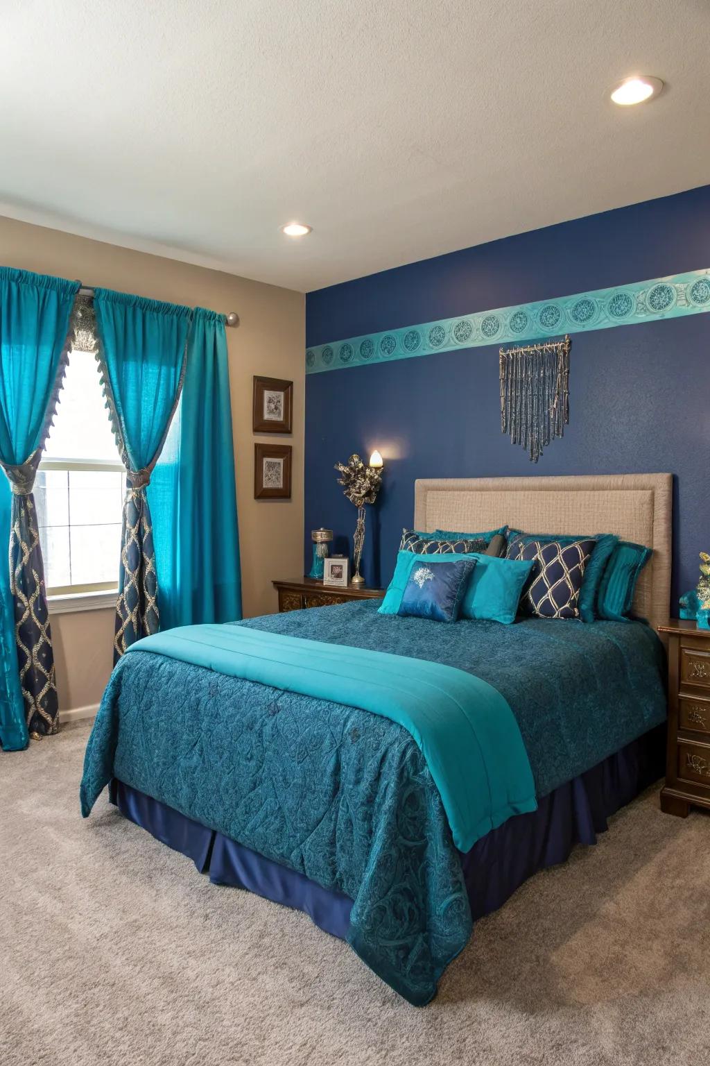 Blue green accents contribute a vibrant twist to the sapphire blue themed space.