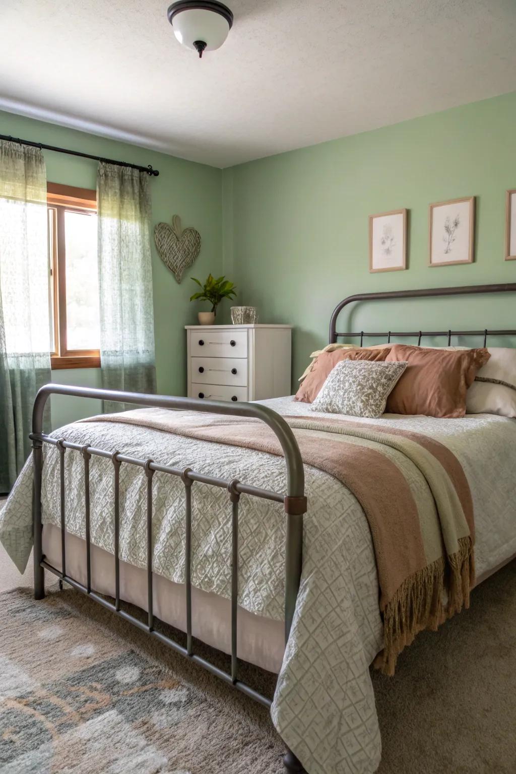 Industrial accents and sage green together offer a modern, soothing space.