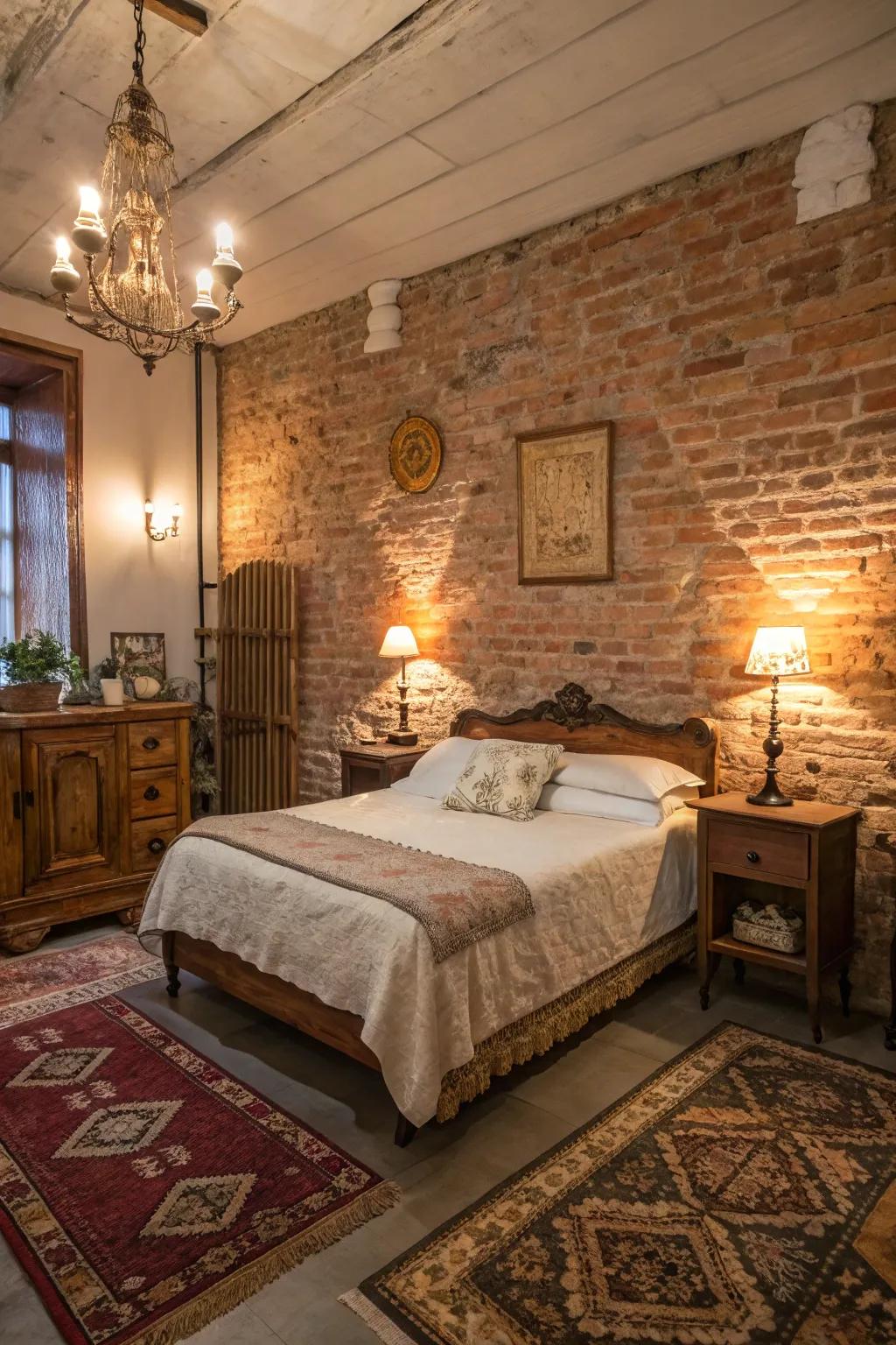 Exposed brick walls add a country touch to this modern-vintage bedroom.