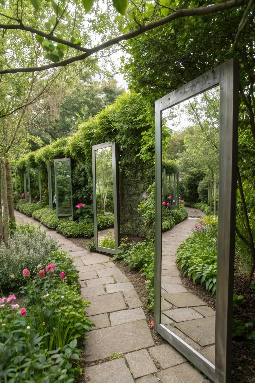 Mirrors making a small garden look bigger.