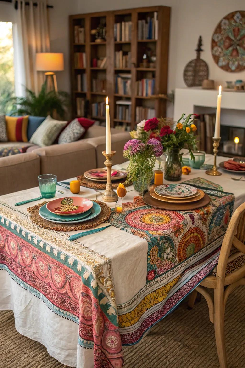 Bohemian-style table coverings radiate varied appeal and a laid-back vibe.