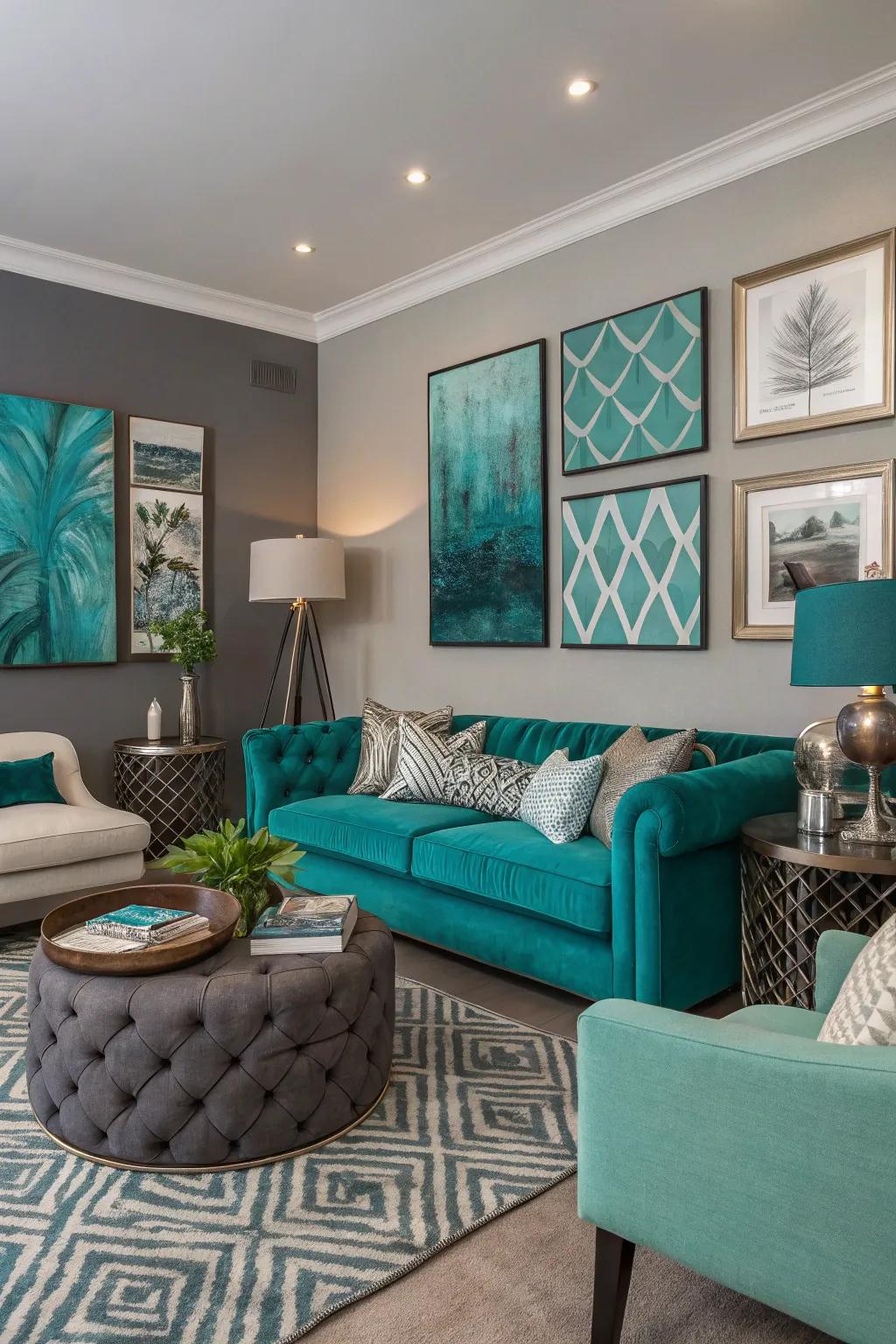 Artistic elements that feature teal and grey enhance the personality of the living space.