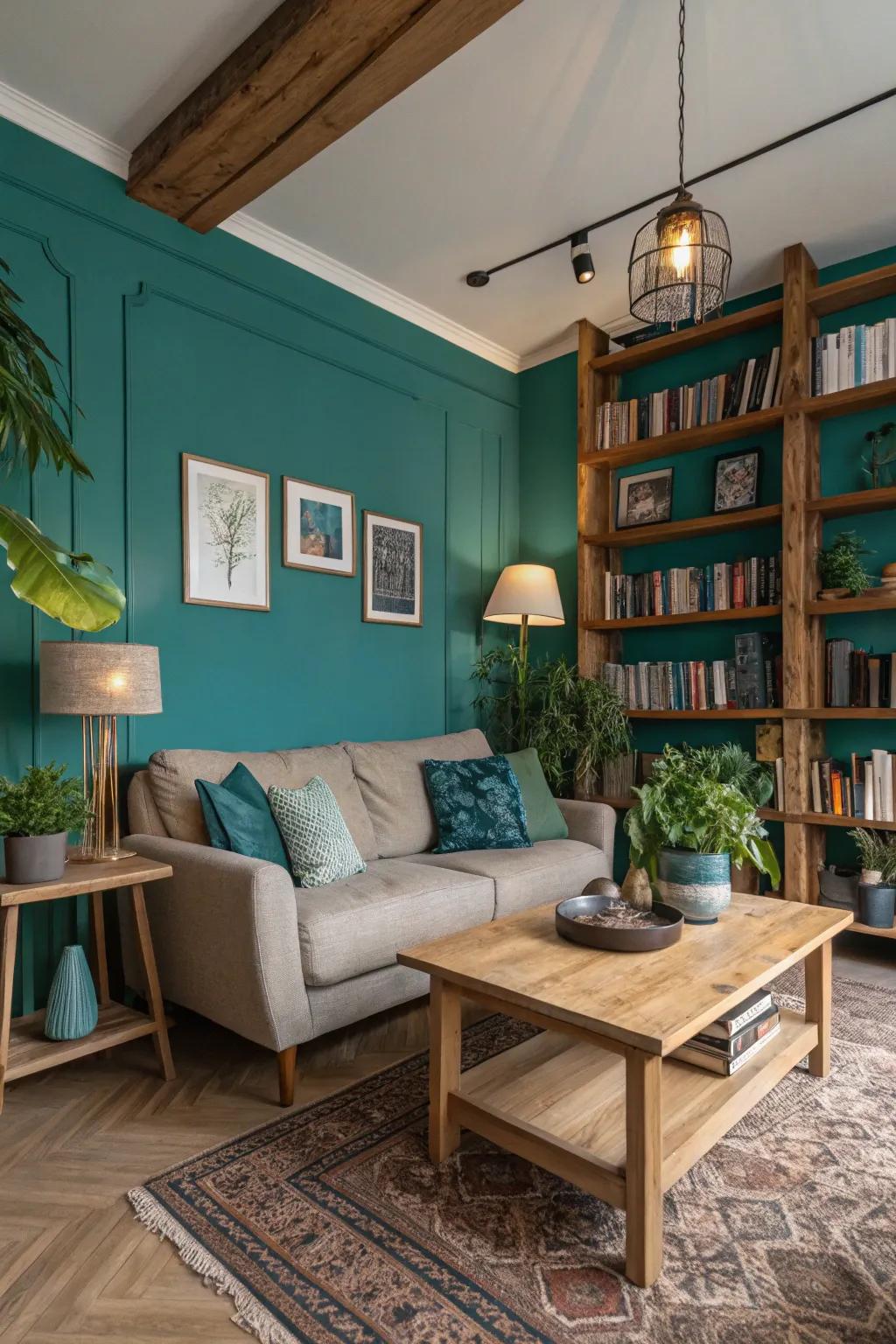 Teal and natural timber create a warm and organic living space ambience.