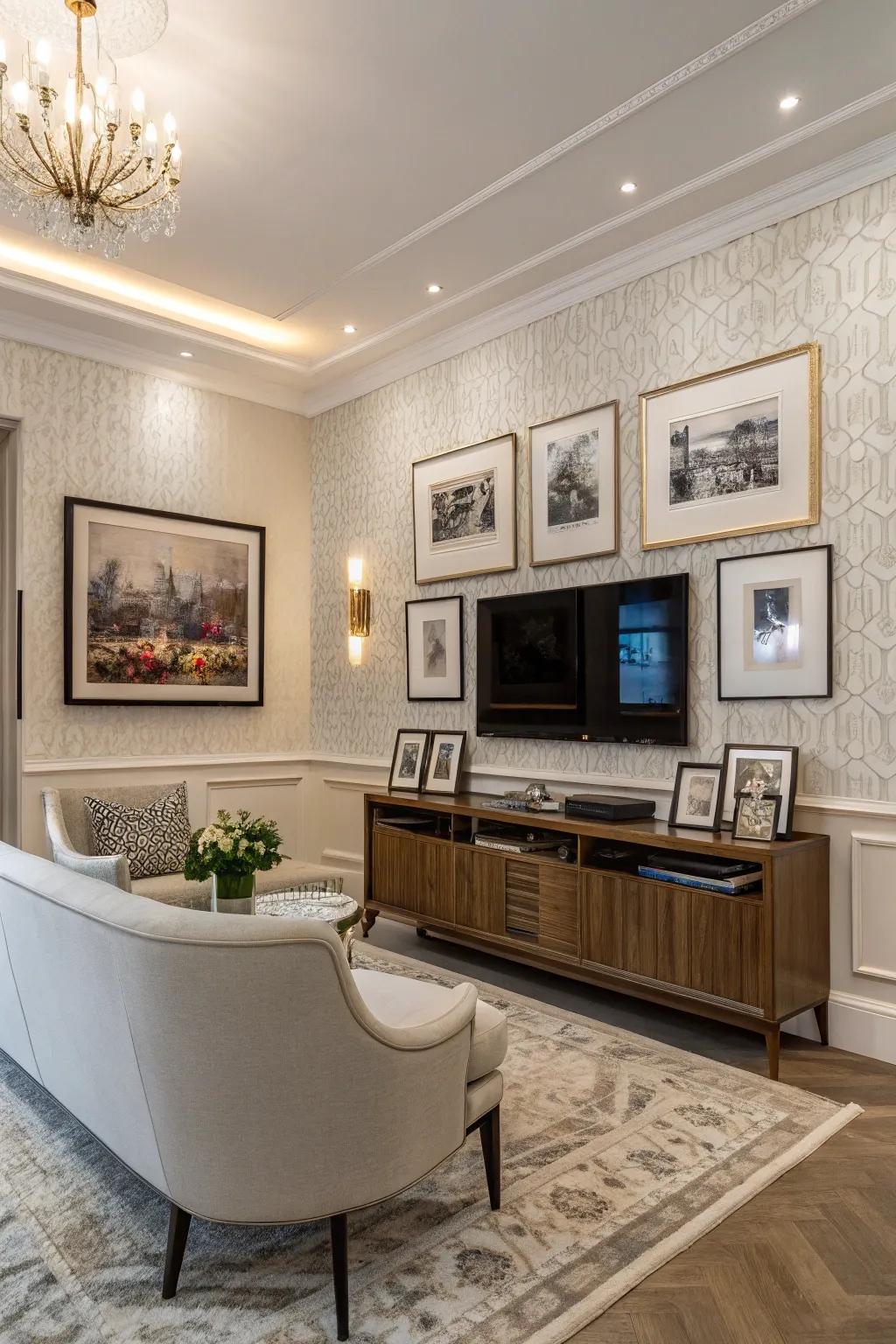 TV installed as part of an art display wall.