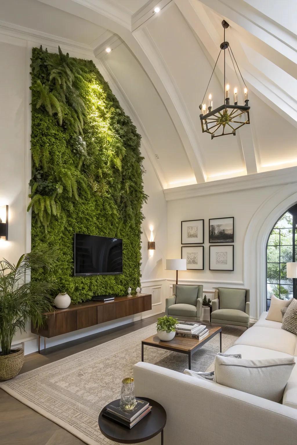 A vertical garden creatively utilizes space, adding freshness to this living room.