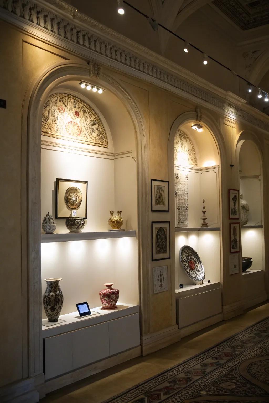 A wall niche with spotlights, accentuating art pieces for a gallery-like effect.