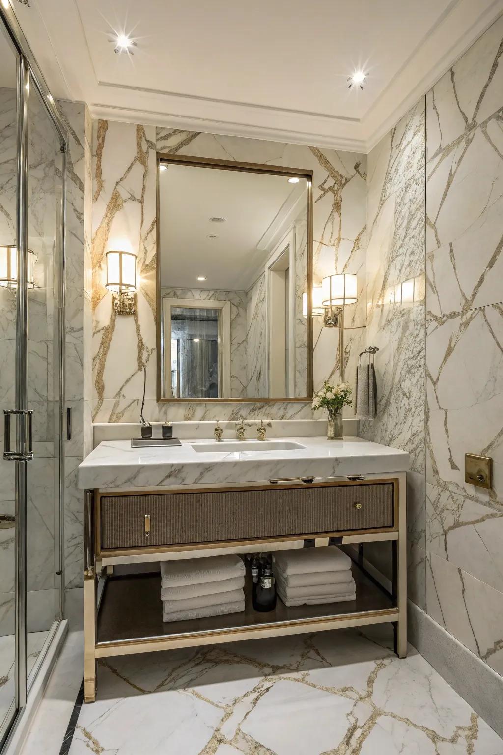 Marble effect wall covering adds elegance to a bathroom.