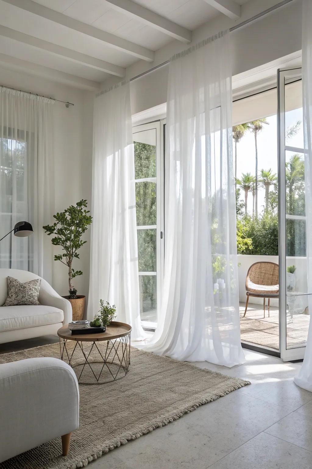 Sheer curtains add delicacy to a modern white living space.