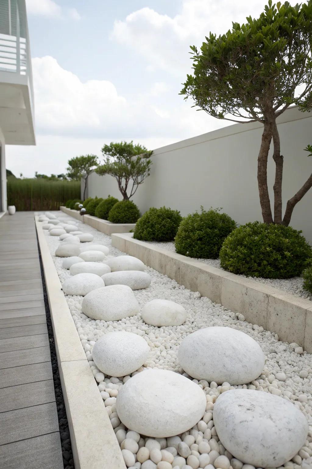 A minimalist garden design featuring white stones, creating a serene and uncluttered location.