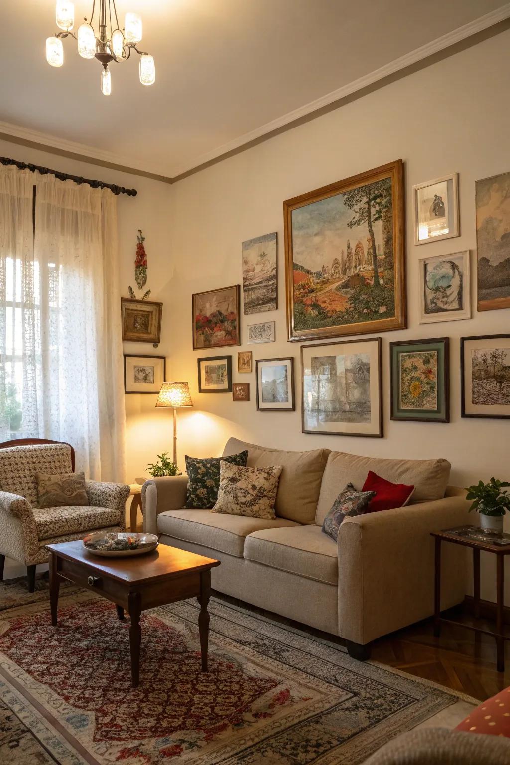 Layered artwork adding depth to a dimly lit living space.