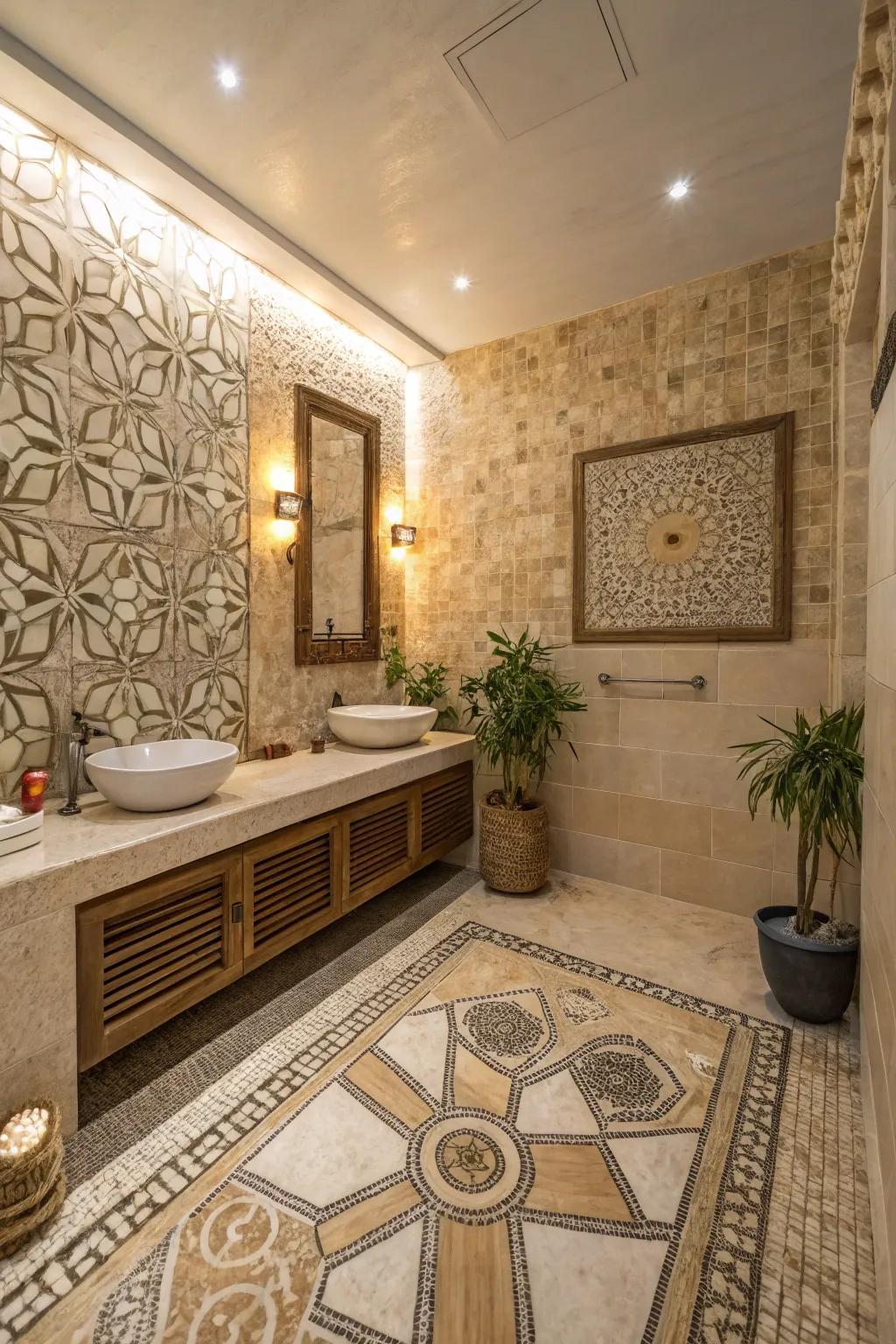 A tranquil bathroom with contemplative Zen-inspired mosaic patterns.