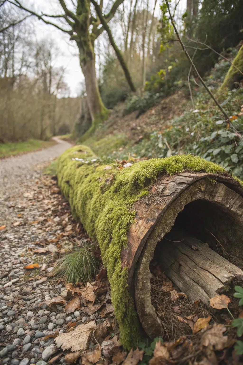 A rustic pot from a hollowed limb padded with radiant moss.