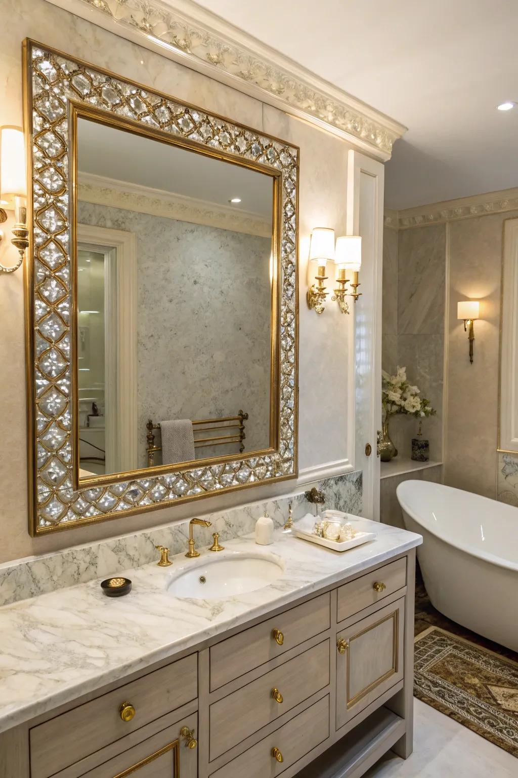 A custom dressing mirror with nacre inlays adds a personalized touch.