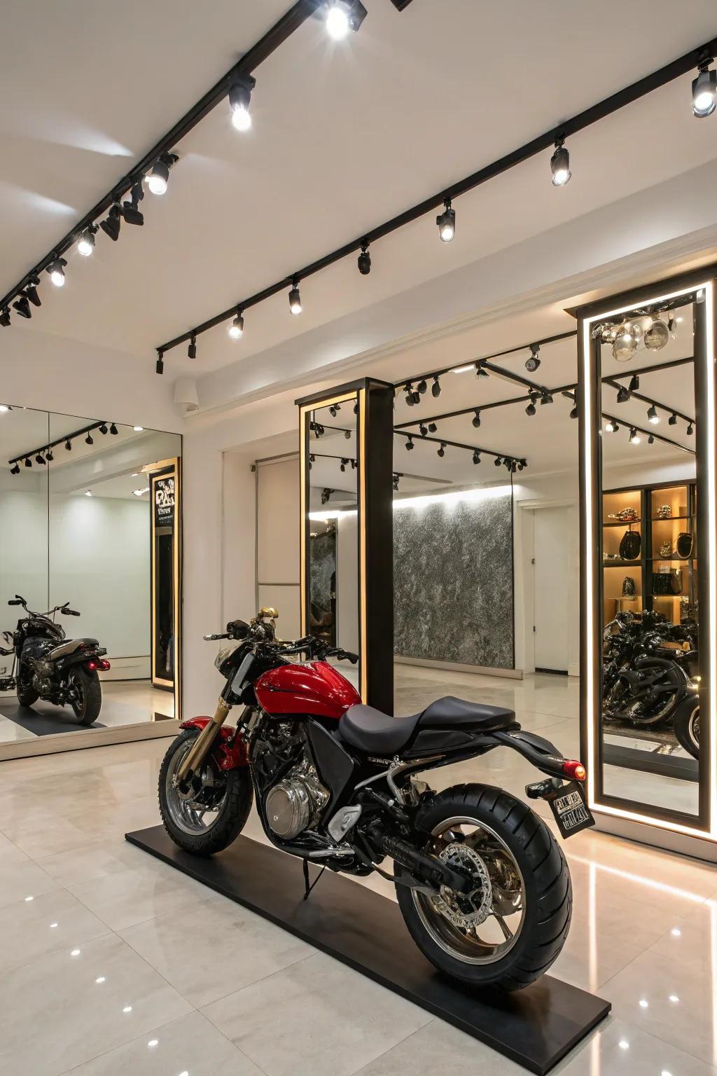 A dedicated motorcycle showroom area inside a home.