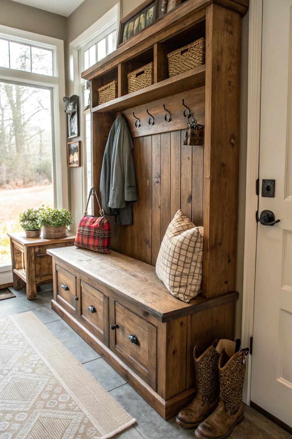 A timeless mudroom bench featuring retro design elements.