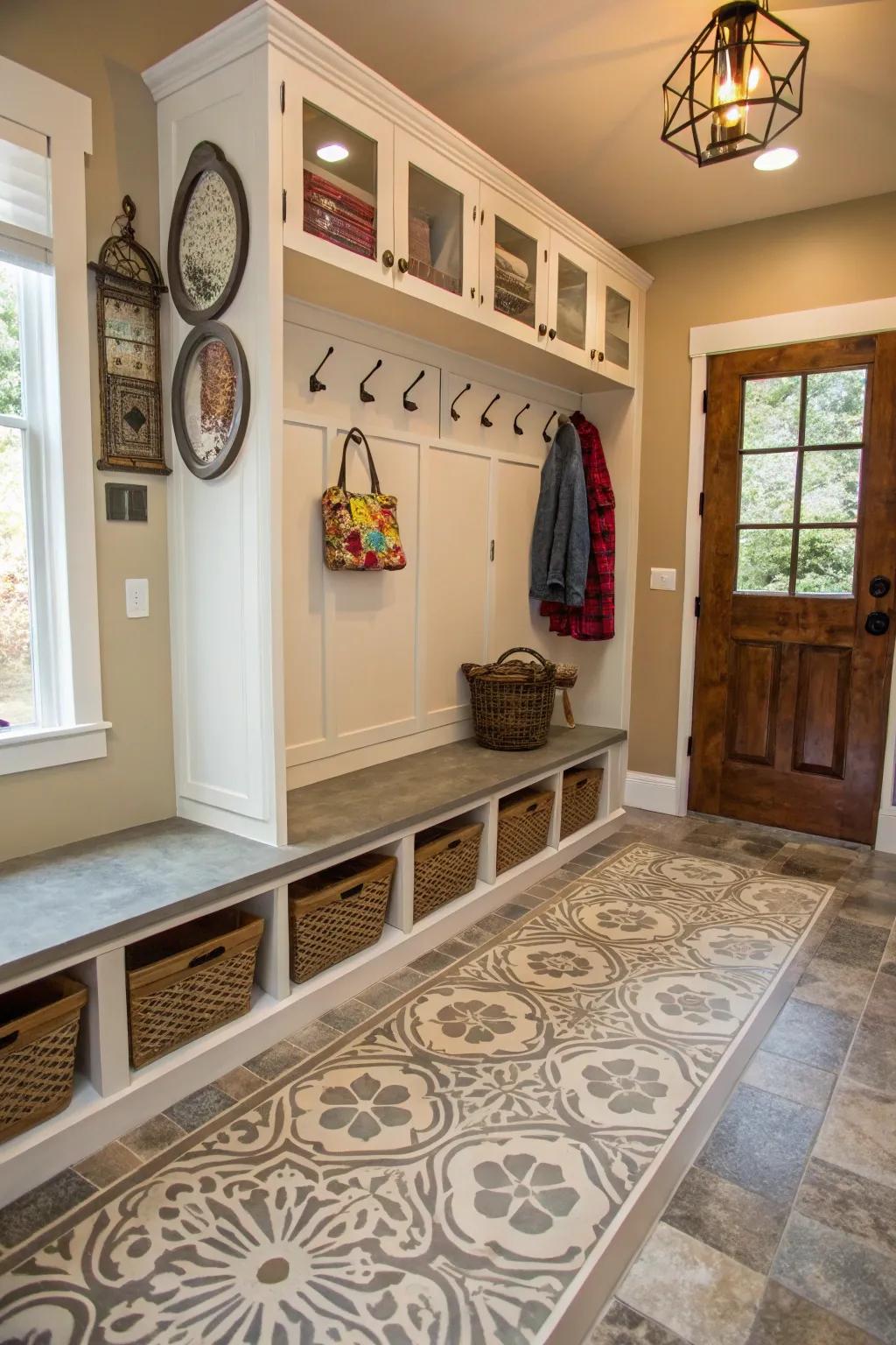 Marked concrete floors are strong and have a custom artistic touch.