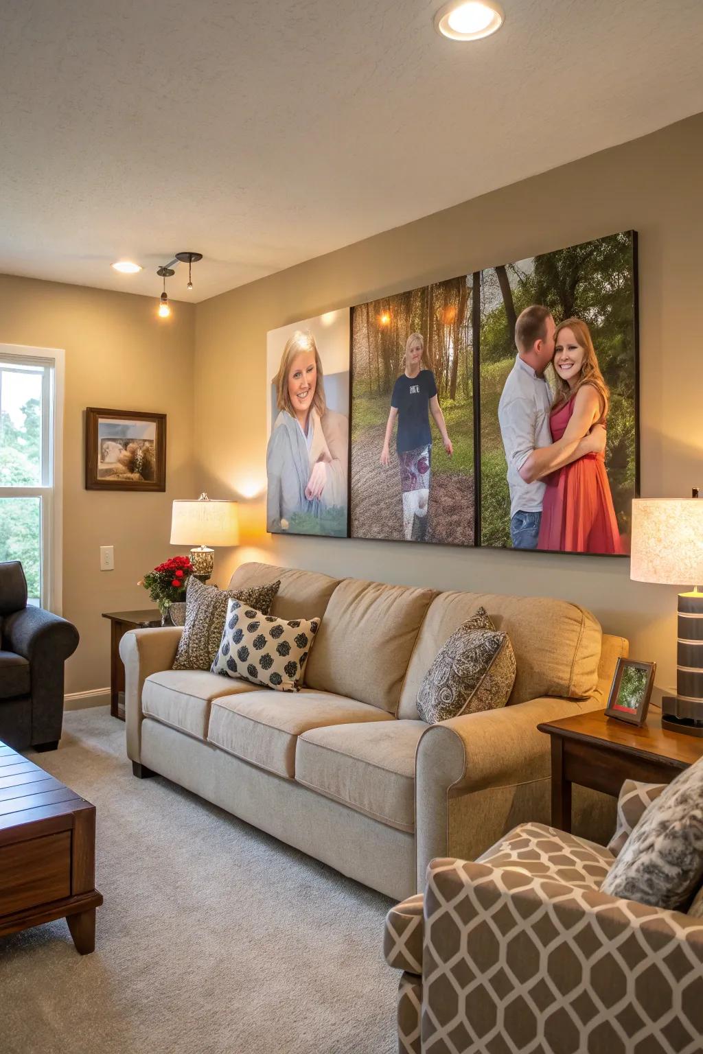 These portraits of family show fond memories that are shared in the living room.