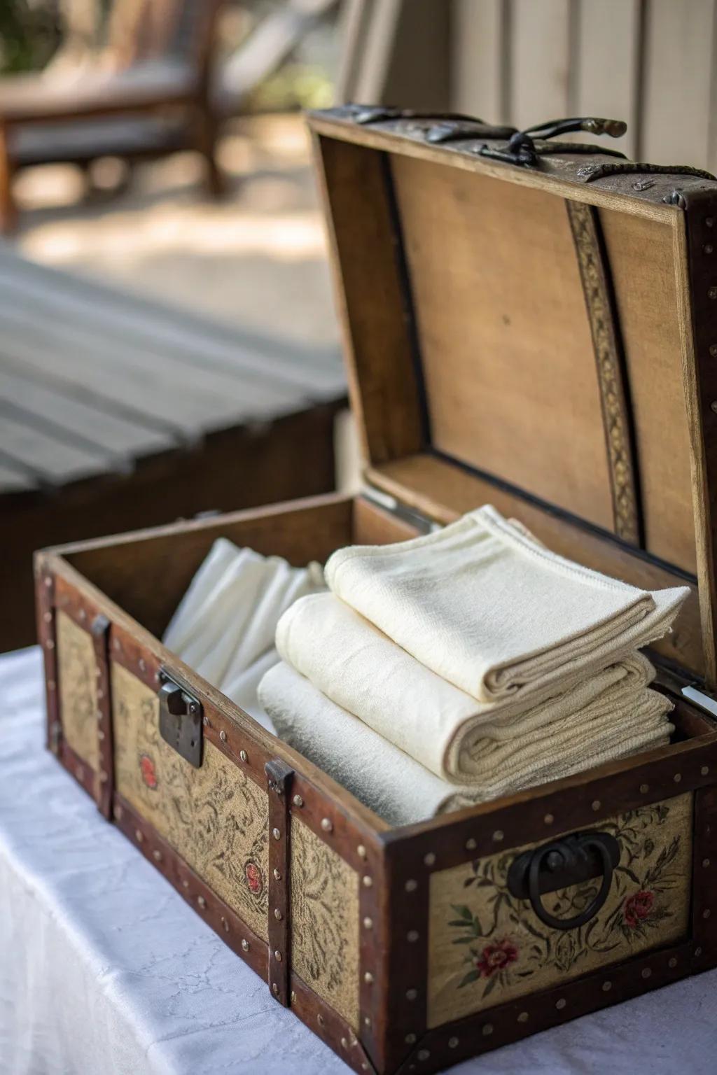 A vintage trunk provides nostalgic charm and generous napkin storage.
