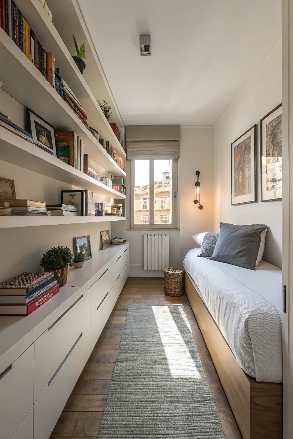 Floating furnishings infuse a modern touch while conserving space within a slender bedroom.
