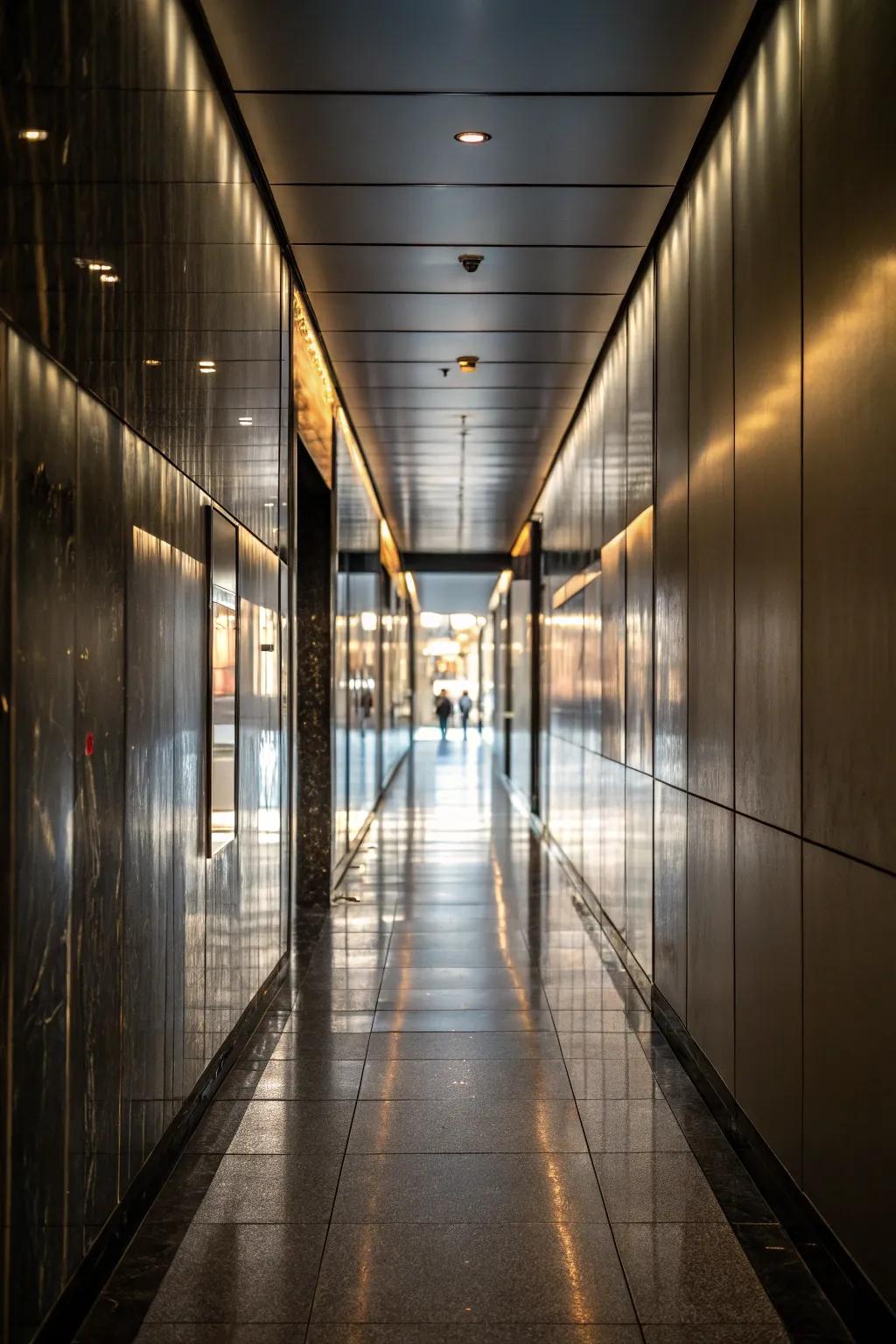 High-gloss finishes reflect light, adding luxury and sophistication to a narrow hallway.