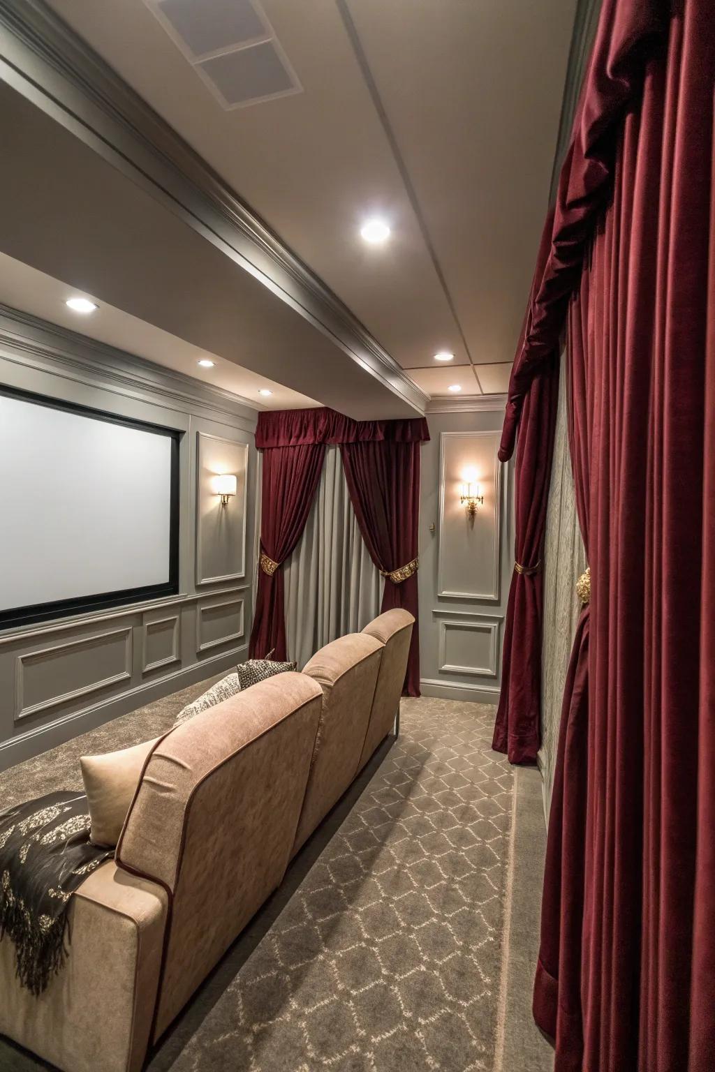 Window coverings can enhance both style and function in your cinema.