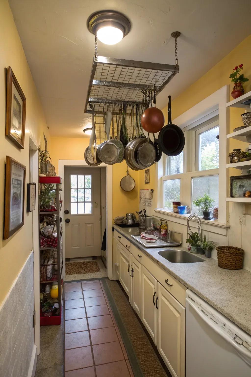 Overhead storage maximizes each inch of a slender kitchen.