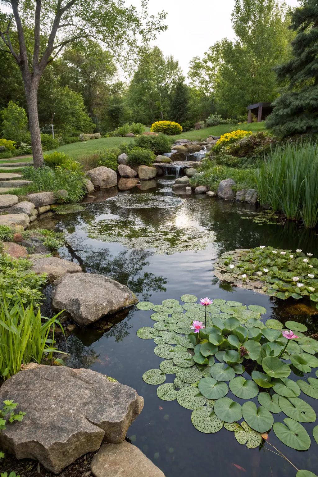 Aquatic plants adding existence and pigmentation to a backyard stream.