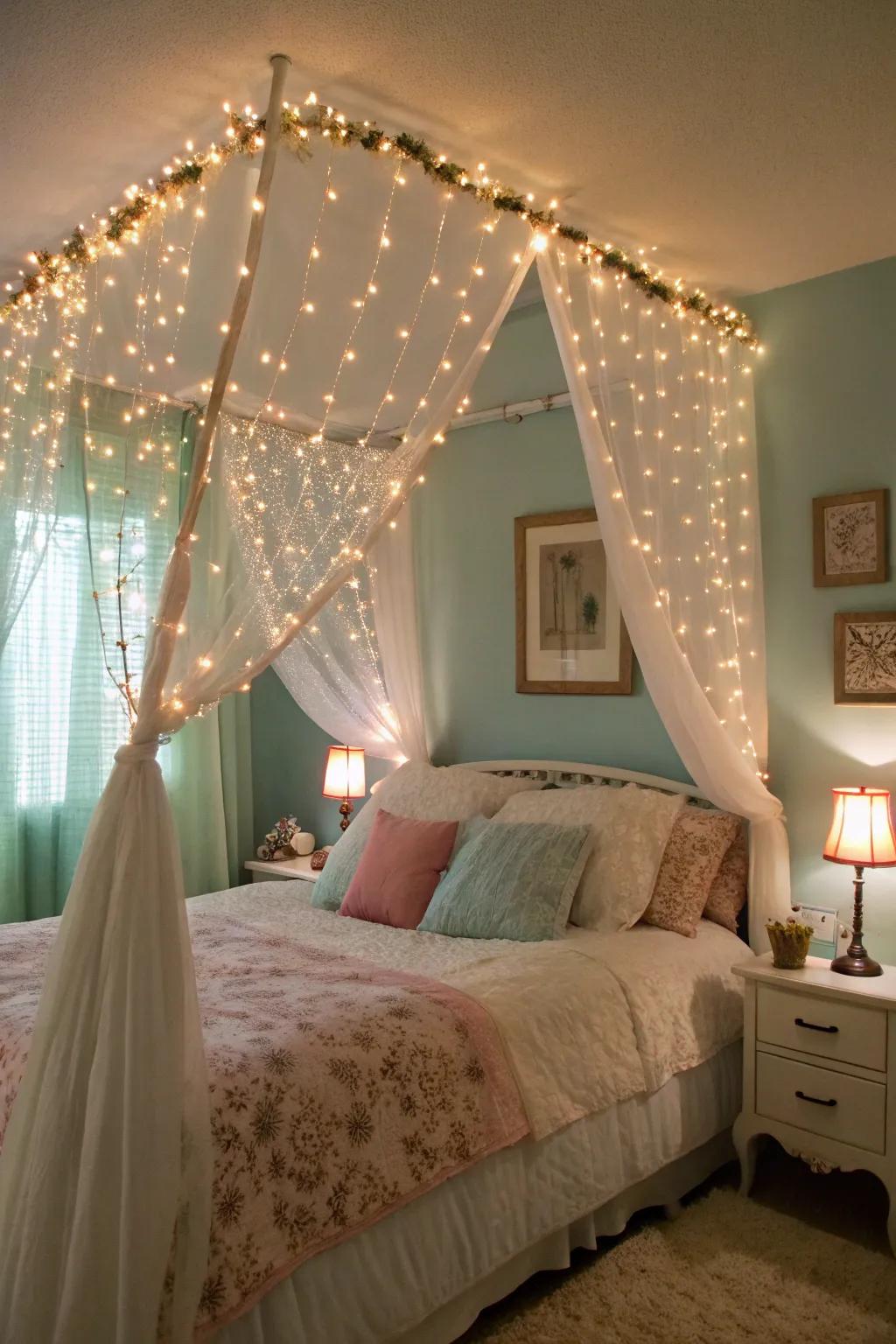Forest-inspired lighting adds a magical glow to the bedroom.