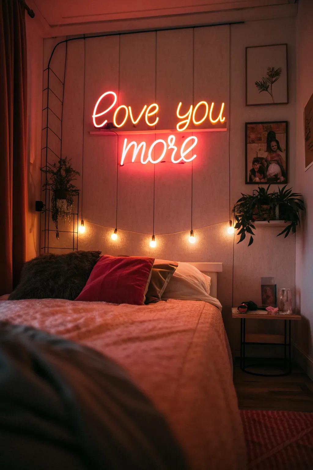A passionate neon art sets an intimate mood in the bedroom.