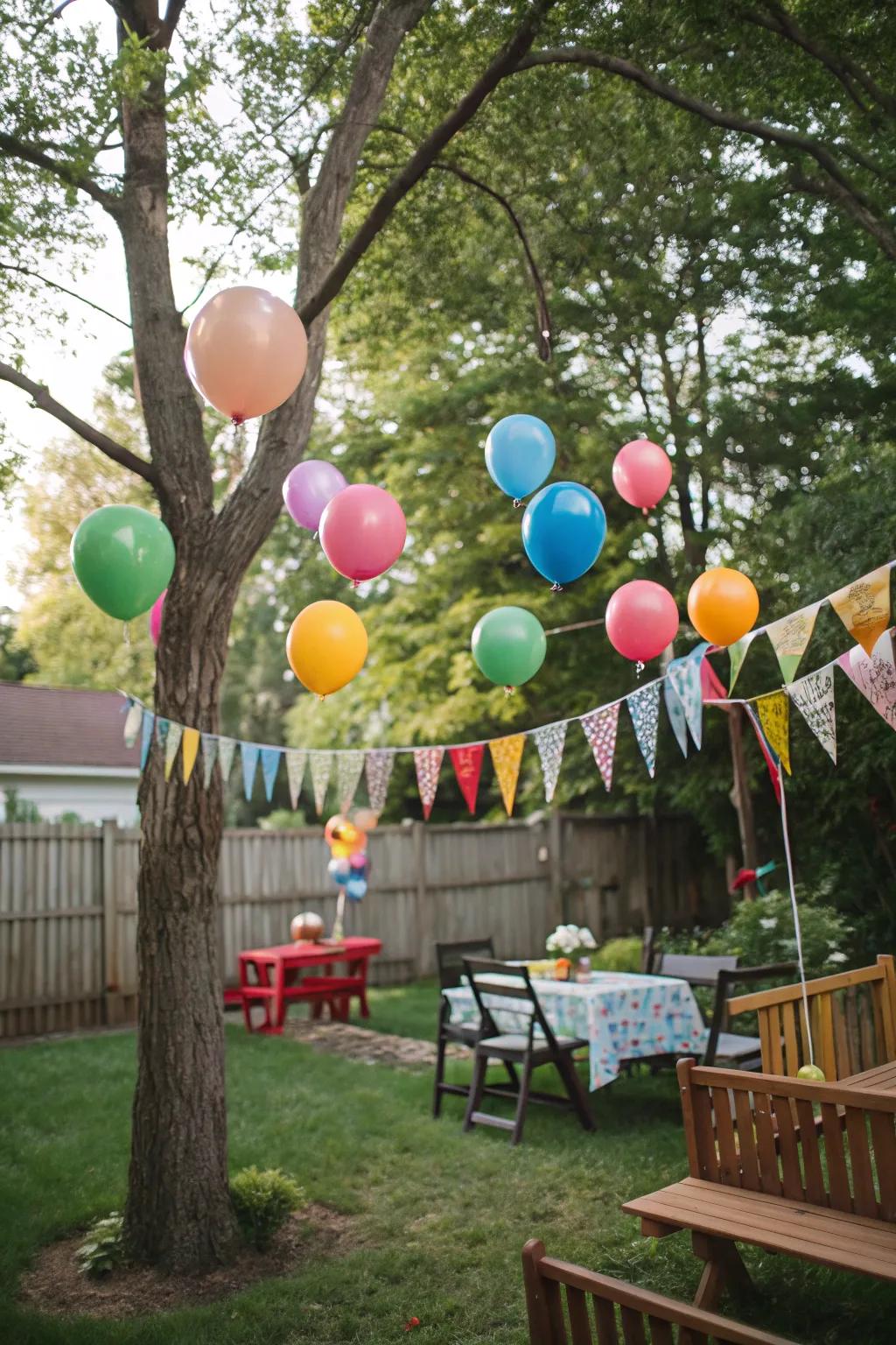 Balloons and banners set a festive and joyful atmosphere.