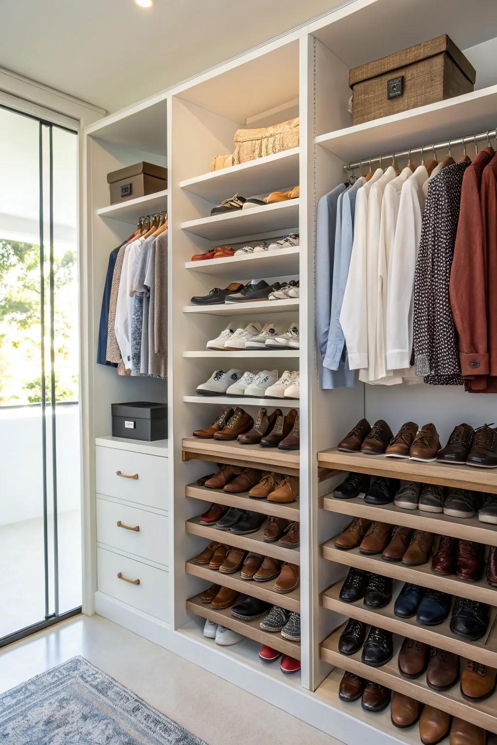 Shoes on display in an open closet