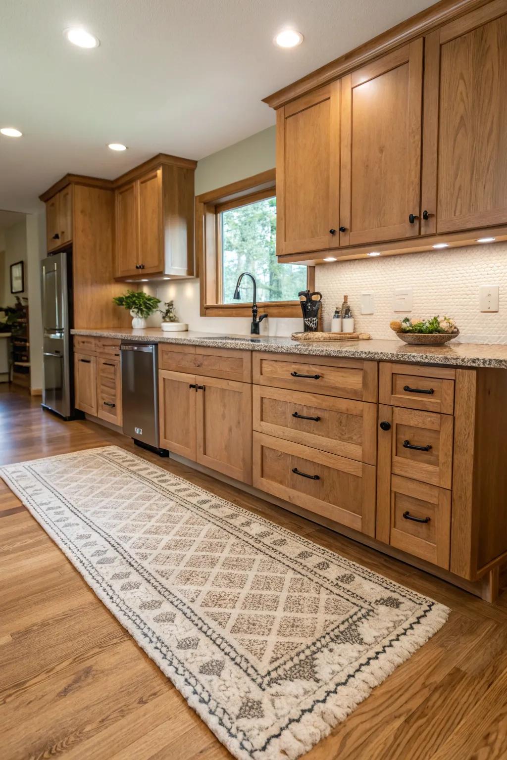 Floor coverings infuse oak kitchen floors with warmth and texture.