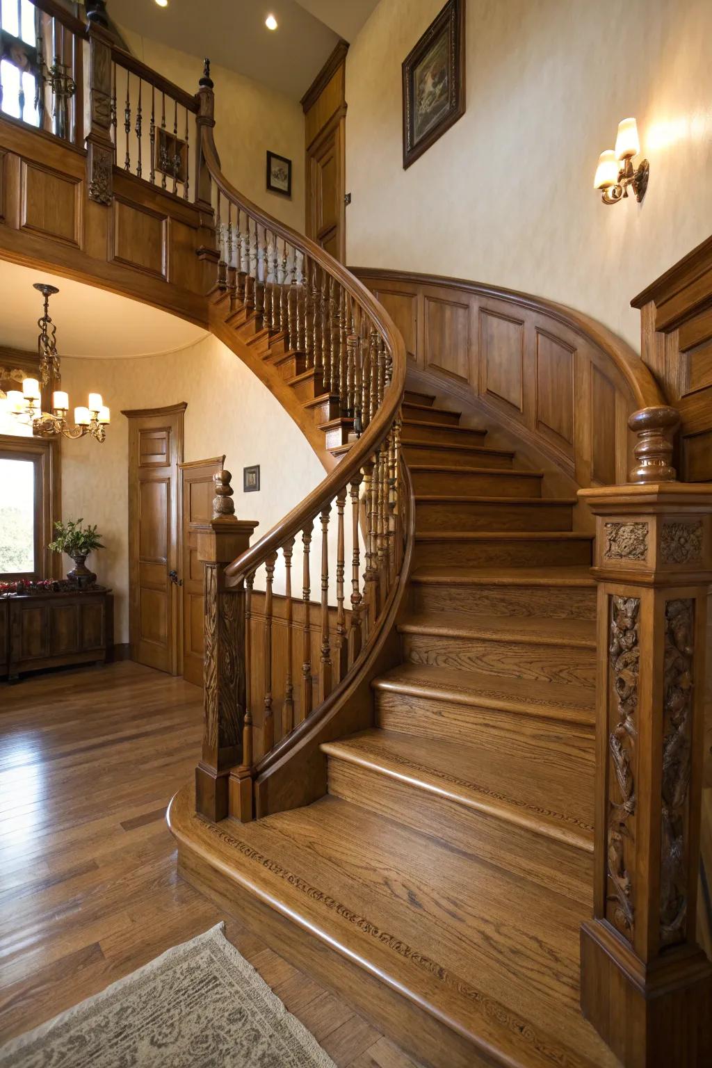 Winding components impart elegance and grace to an oak stairwell.
