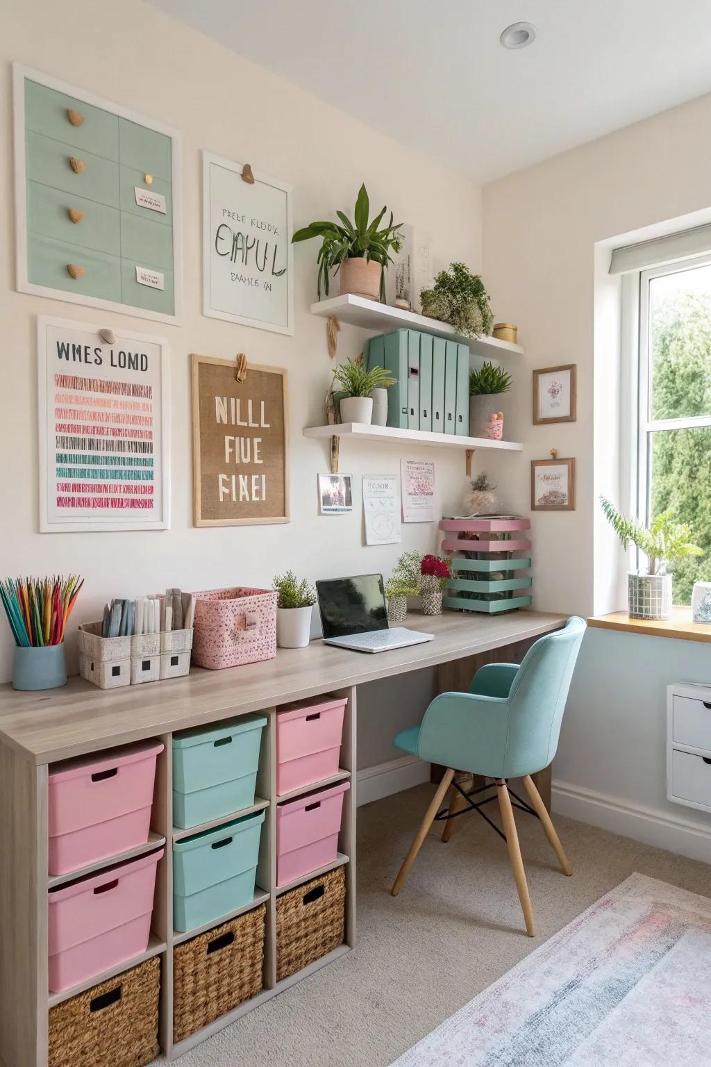 Color coordination beautifies and unifies office storage.