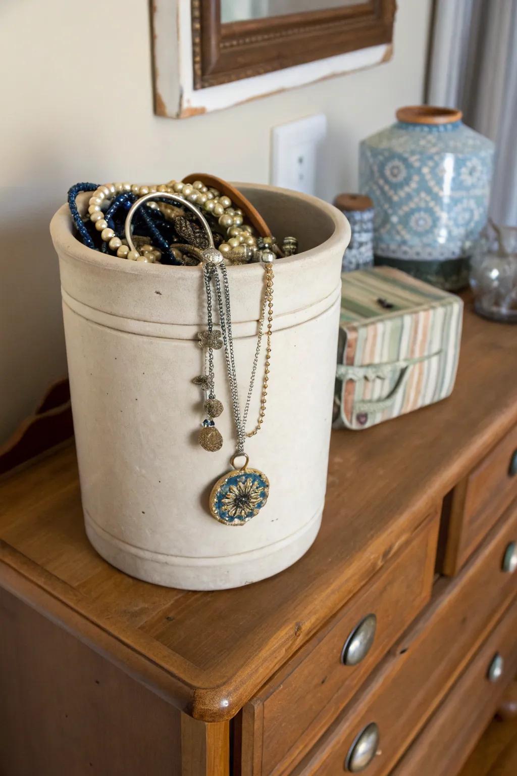 Stow your jewelry elegantly through a jug support.