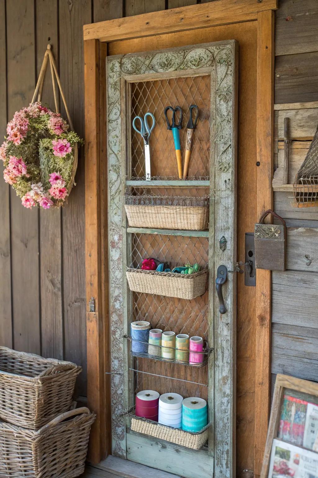 Transform nostalgia into organization with this vintage screen door art nook.