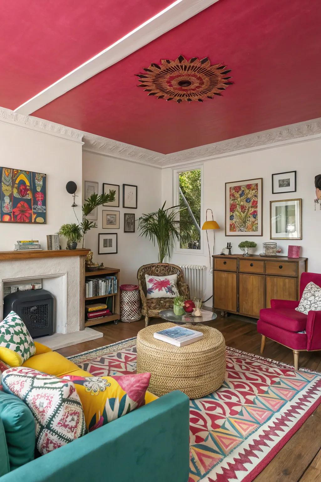 A vibrant living space with a bold colored ceiling making a lively statement.