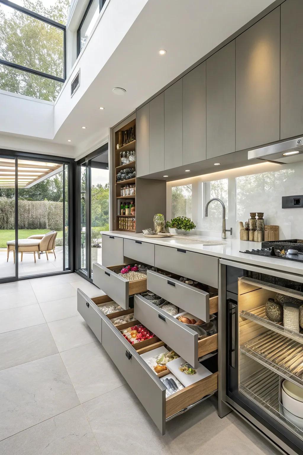 Efficient storage options keep the kitchen organized and efficient.