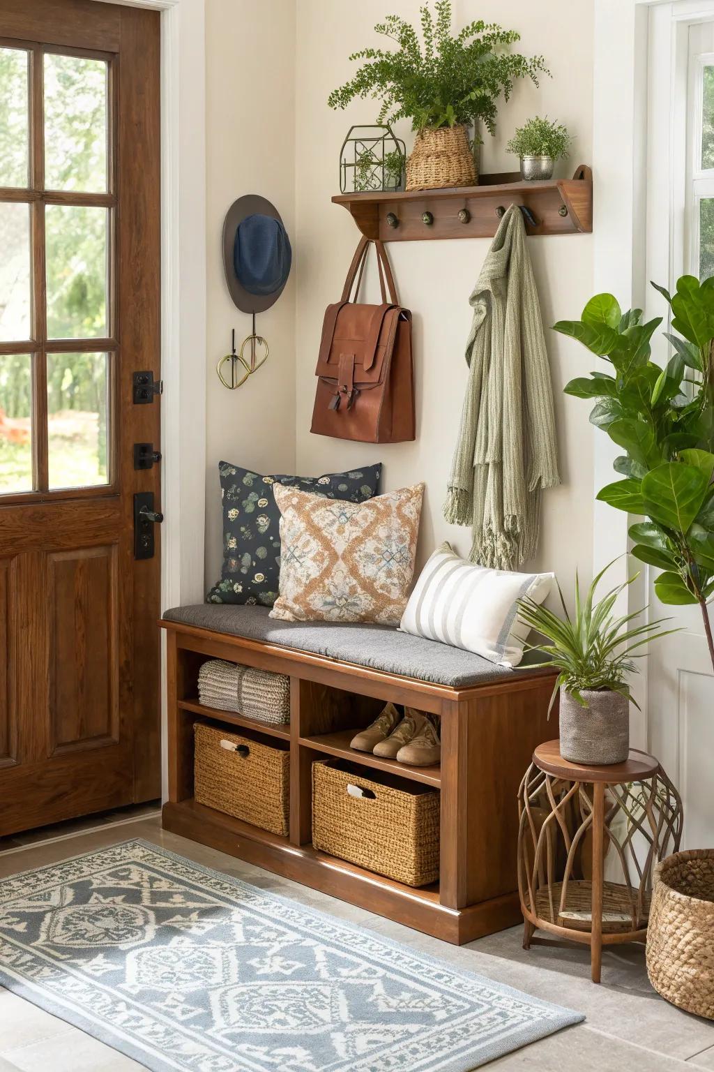 Multi-functional furniture within an entryway optimizes space and application.
