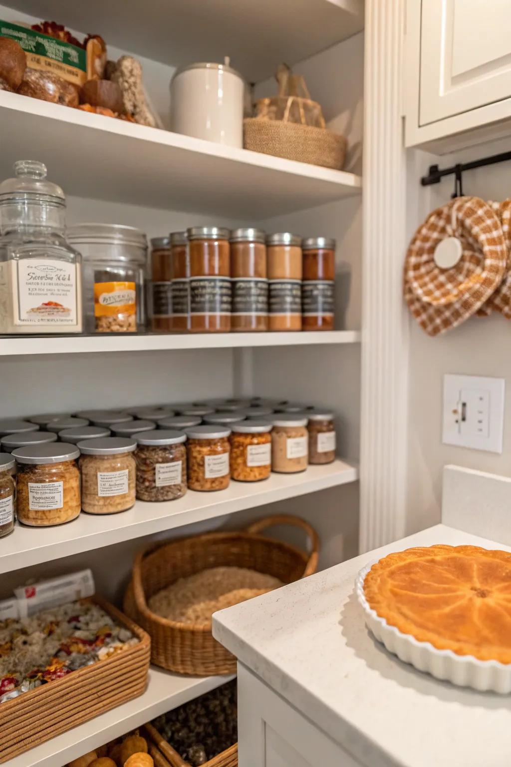 A dedicated shelf for seasonal items keeps the pantry organized.