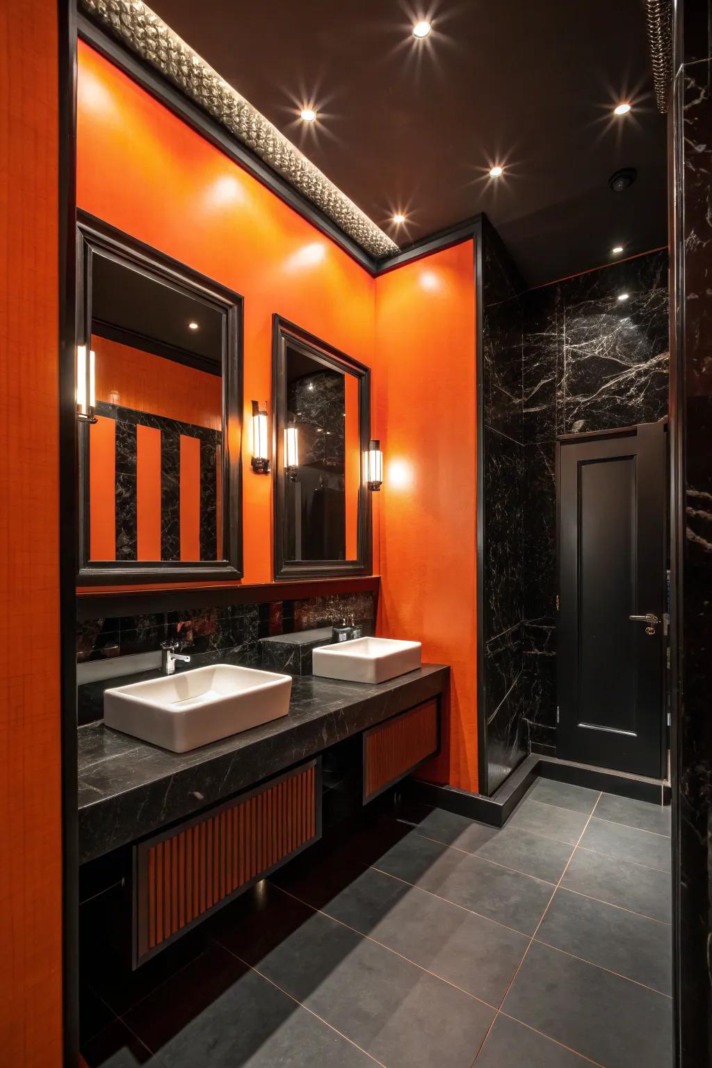 A washroom that becomes a showstopper with its bold tangerine and midnight decor.