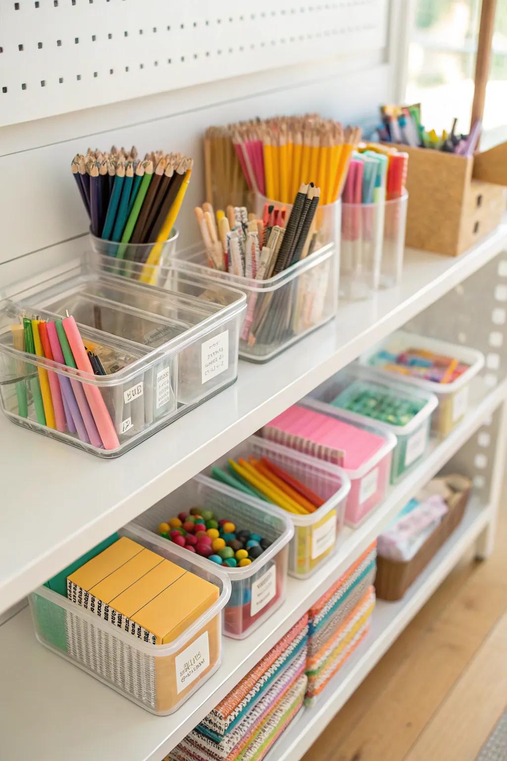Clear receptacles make it effortless to locate items at a glance.