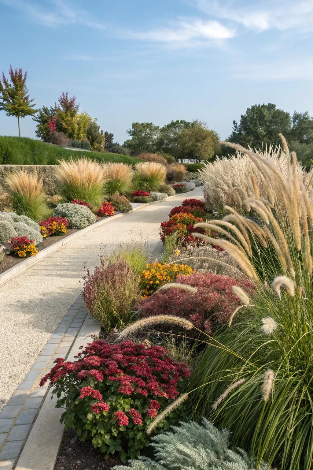 Color echoes in garden design using ornamental grasses.