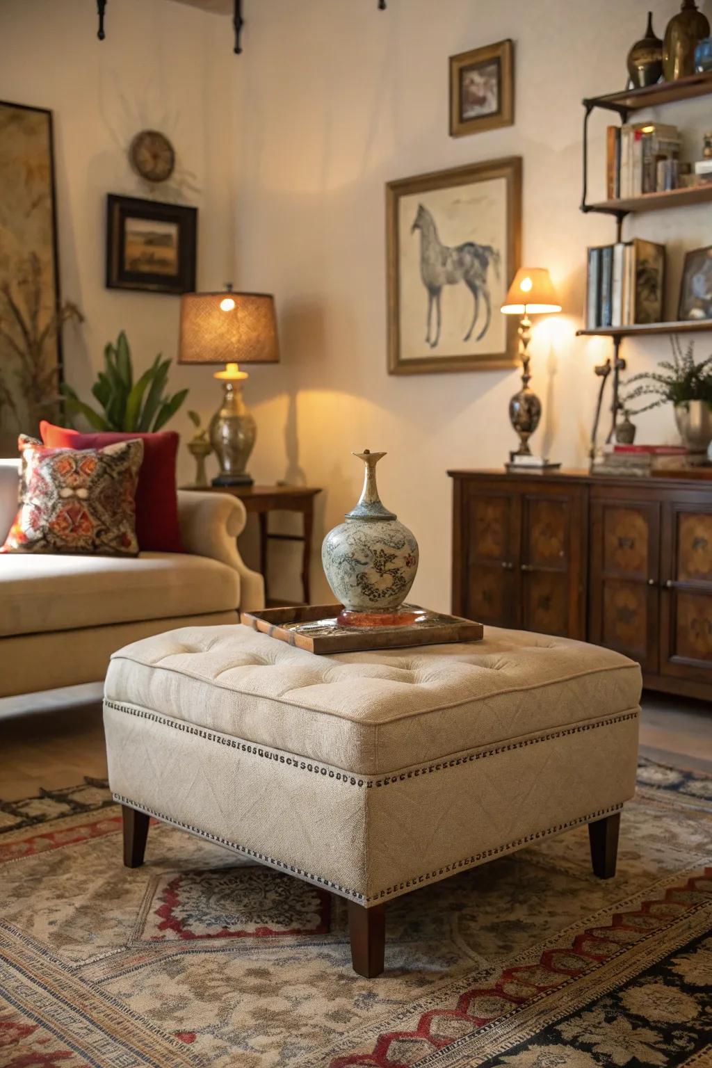 An ottoman serving as a platform for art display.