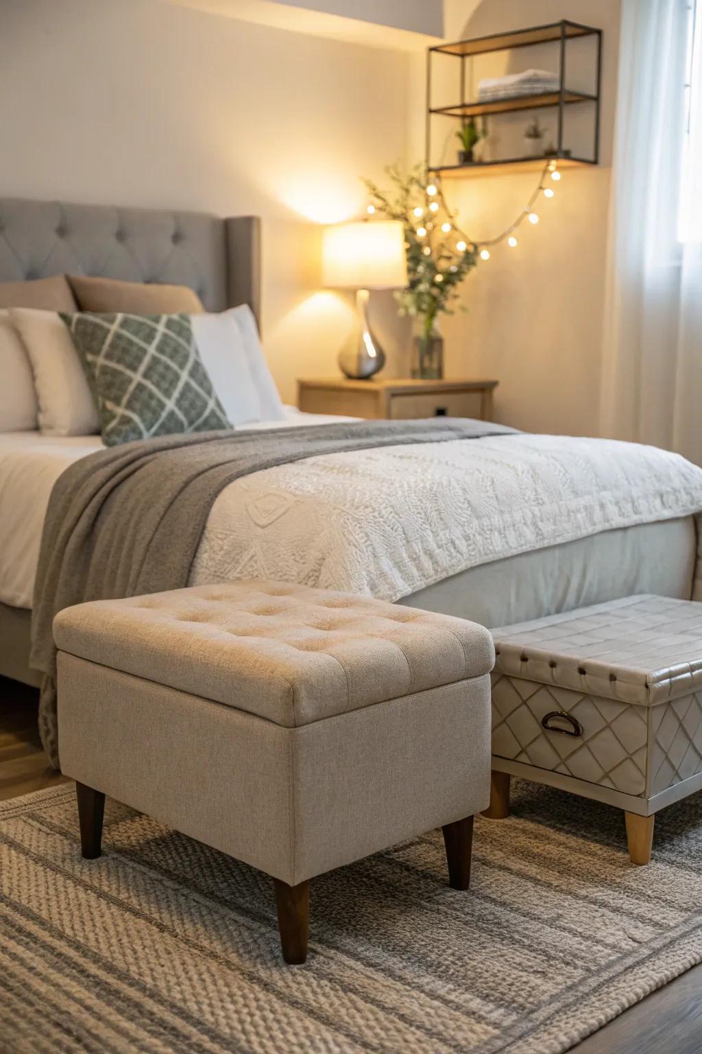 A small ottoman doubles as a stylish bedside piece.