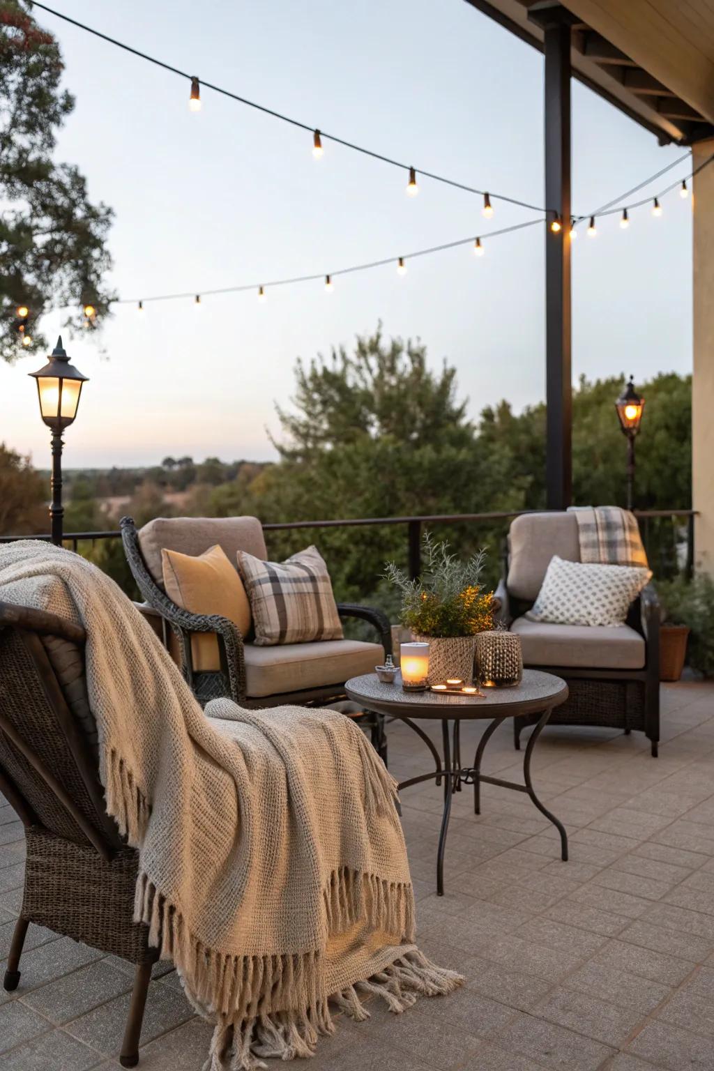 Outside throws provide warmth and comfort.