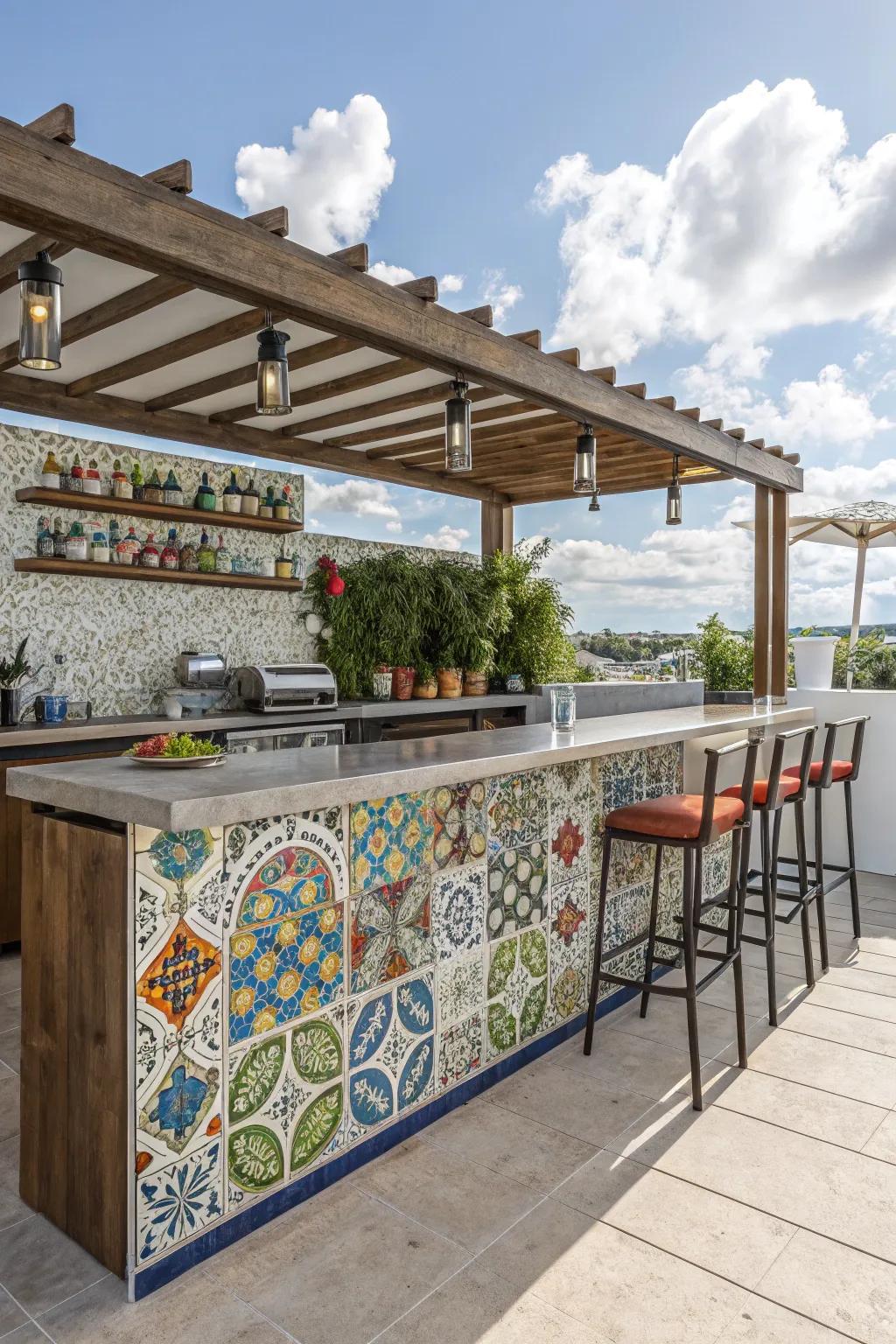 An outdoor kitchen bar with a colorful and stylish tiled backsplash.