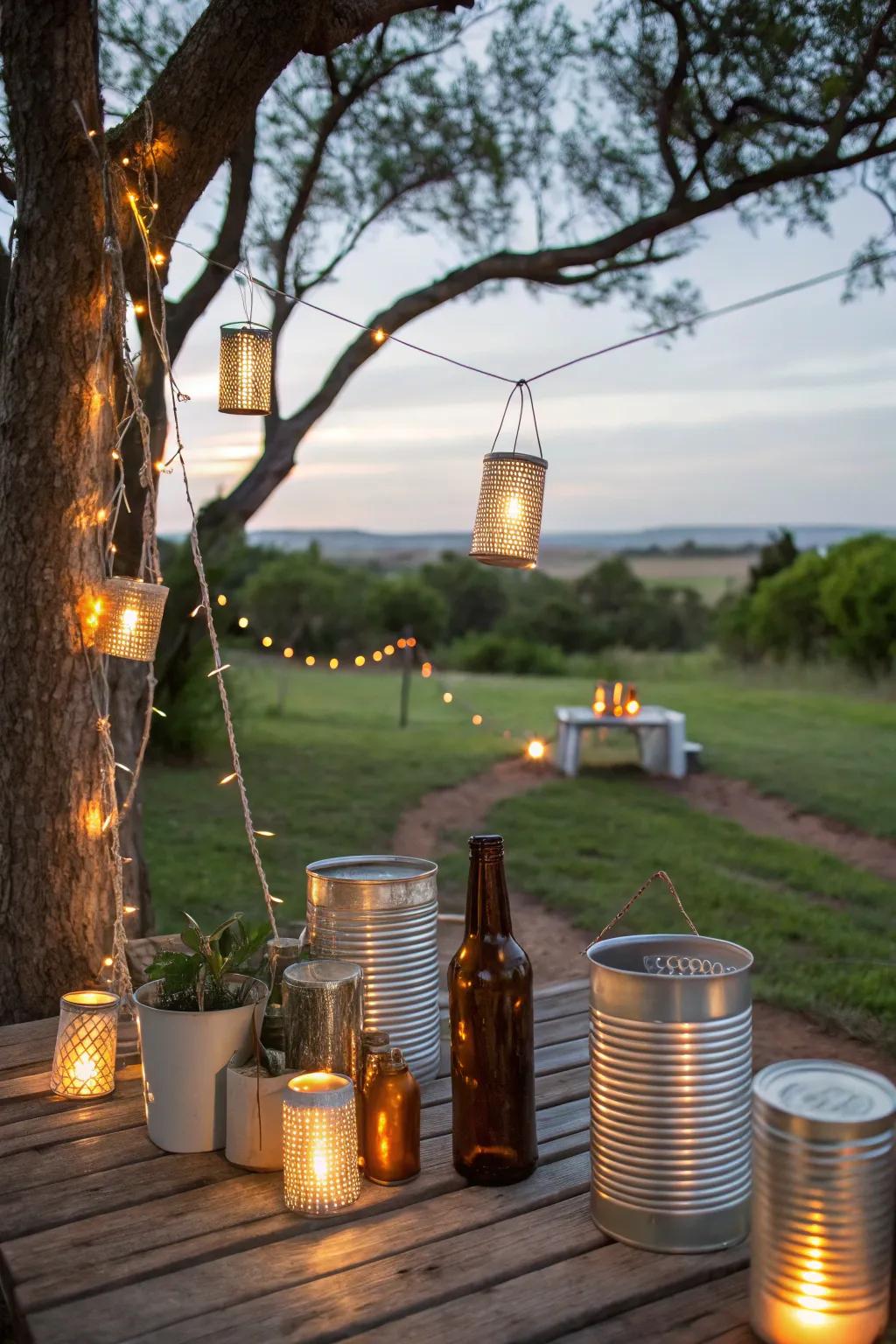 <strong>DIY</strong> lighting projects can give your space unique, eco-friendly personal touches.” loading=”lazy” class=”pimg”>
	</picture><figcaption><strong>DIY</strong> lighting projects can give your space unique, eco-friendly personal touches.</figcaption></figure>
<p>Get imaginative and try creating <strong>DIY</strong> lighting from recycled materials like glass bottles or tin cans. It’s a fun way to give your outdoor decor a personal touch.</p>
<h3>You might give these a try:</h3>
<ul class=